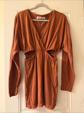 Free People FP Beach Rust Orange Crinkle Gauze Side Cutout Mini Coverup XS